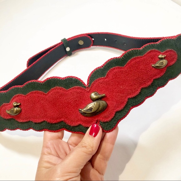 Vintage Accessories - Vtg Women’s Belt Red Suede Leather Brass Ducks